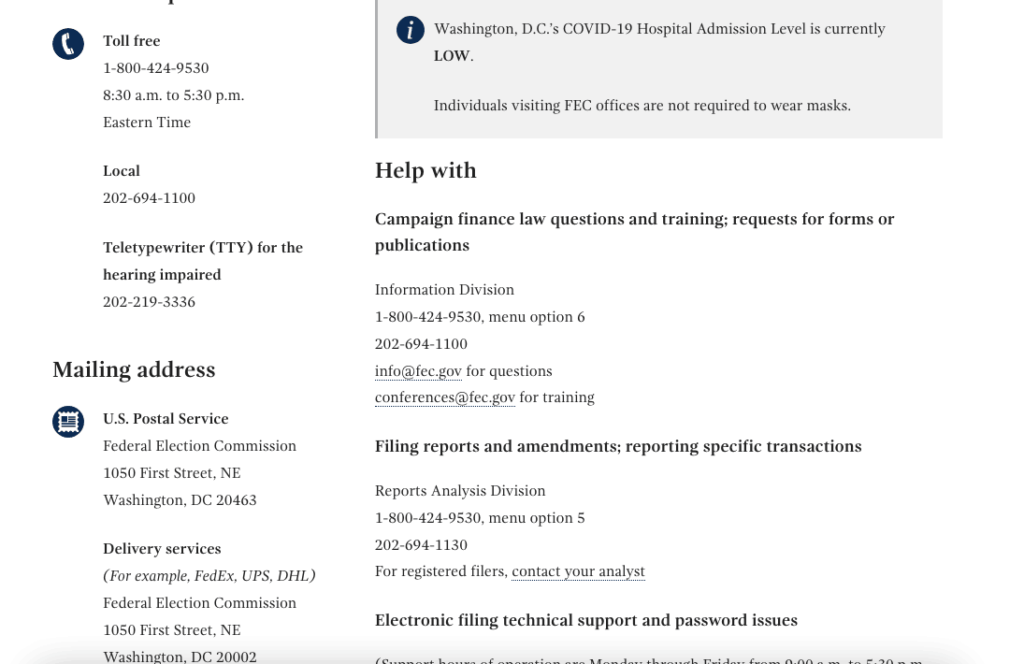 Federal Election Commission Contact Details